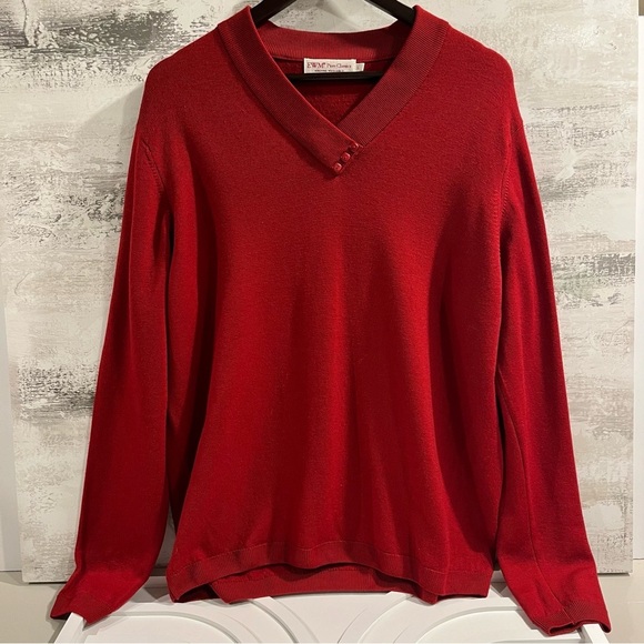 EWM Pure Classics Womens L Red Lambswool Sweater V-Neck Button Trim Machine Wash - Picture 1 of 16